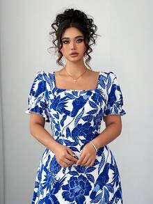 SHEIN CURVE+ Plus Size Women Floral Print Square Neck Puff Sleeve Elegant Dress - Blue and White - View 3
