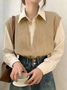 INAWLY Women's Casual Color Block Patchwork 2 In 1 Shirt - Khaki - View 4