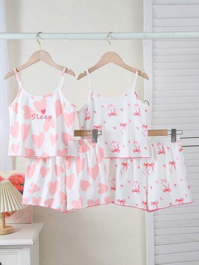 4pcs/2sets Girls Sleeveless Shorts Pajamas, Pink Bow & Heart Pattern, Comfortable & Soft, Great Gift For Teenage Girls