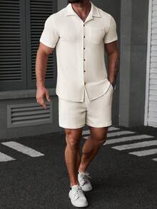 Manfinity Homme 男士短袖纹理面料前开襟休闲夏季衬衫 - 杏色 - 查看 6