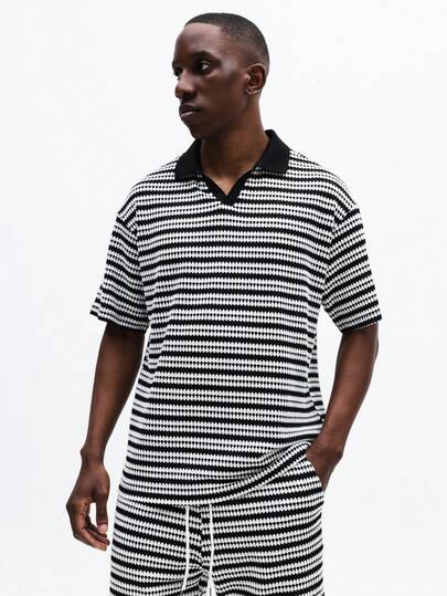 SUMWON Horizontal Striped Polo Shirt And Shorts Co-Ord Set Matching Two Piece Summer Casual Outfit Short Sleeve Collared Top Regular Fit Elastic Waist