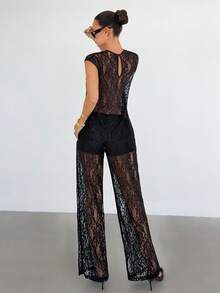 Siren Gaze Maglietta con scollo rotondo in pizzo e maniche a cappuccio e pantaloni, set casual sexy a 2 pezzi in colore unito con orlo asimmetrico in pizzo, indossabile tutti i giorni, per primavera/estate - nero - Visualizzare 6