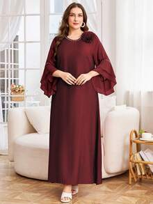 Lacomfia Plus Size Women Solid Color Chiffon Patchwork Modest Casual Dress - Burgundy - View 4