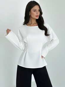 Firerie Camisa feminina elegante para o dia a dia e ocasiões casuais, com textura vintage de bambu, gola redonda, mangas compridas, cintura franzida e pregas. Ideal para o outono, para professoras, passeios e viagens. - Branco - Ver 6