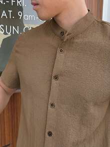 Mainfolk Men's Solid Khaki Short Sleeve Button-Up Casual Shirt,Slim Fit Lightweight Breathable Collarless Grandad Shirt,Summer Beach Wedding Textured Blouse - Apricot - View 4