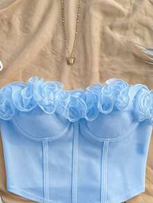 Soleia Top tubo ajustado con volantes romántico y sexy, adecuado para vacaciones, citas, San Valentín, tarde de té - Celeste - Ver 4