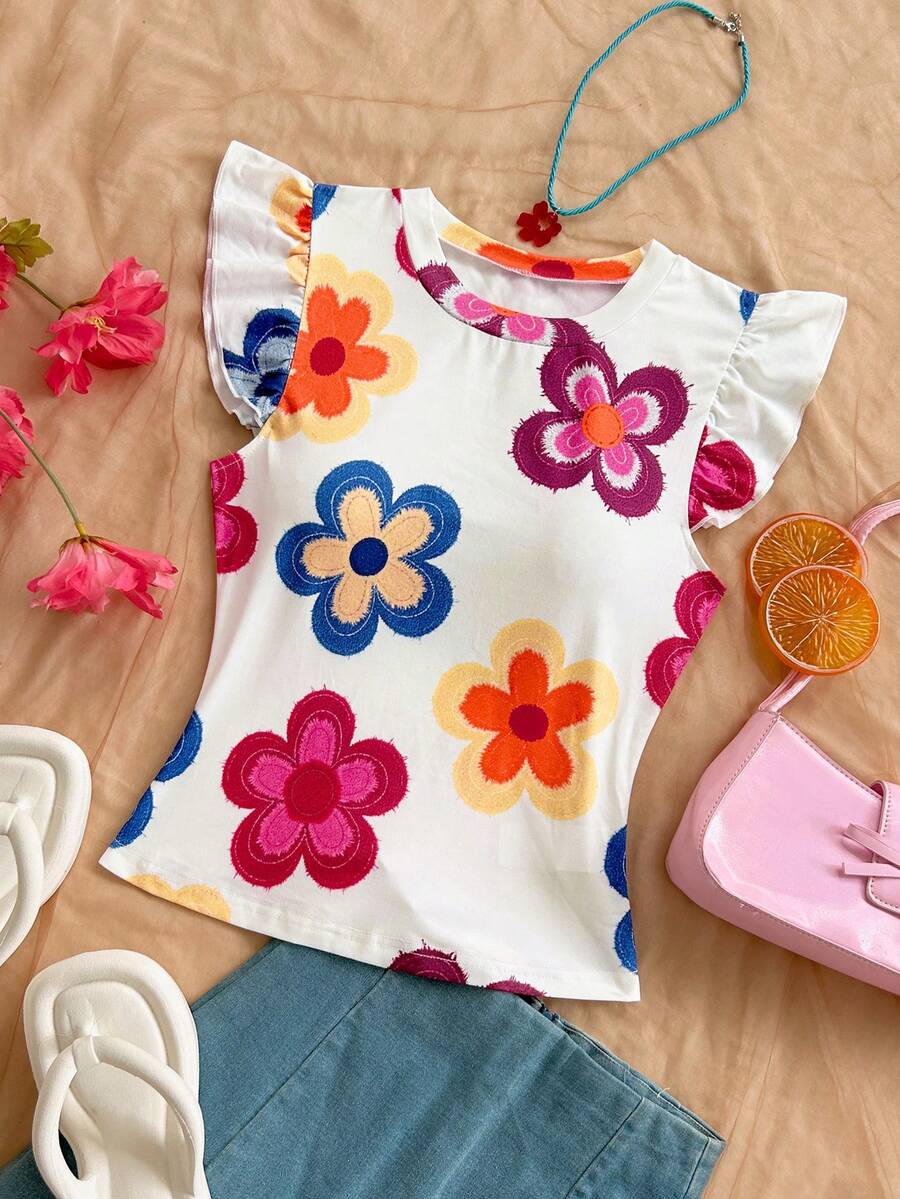 Soleia Casual Vacation, Western Beach, Wedding Guest, Graduation, Brunch, St. Patrick's Day, Spring Break, Easter, Music Festival Elegant Bohemian Tropical Blue & White Floral Print Ruffle Sleeve T-Shirt Camisole Top - Multicolor - View 1