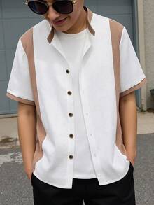 SHEIN Teen Boys' Beige Patchwork Khaki Contrast Collar Summer Beach Shirt, Casual, Collegiate, Comfortable, Fashionable, Versatile, Soft Fabric, Suitable For Daily Wear, School, Outings, Music Festivals, Holidays, Beach Vacations, Summer Vibes, Festivals, Spring/Summer Aesthetic Shirts Half Shirt Summer Shirt - Multicolor - View 6