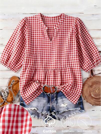 Linhara 大码女式短袖上衣，亚麻质感格纹，前腰褶裥设计，七分袖带松紧袖口，宽松直筒版型，休闲通勤皆宜