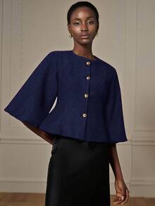 Aveloria Modichic Elegant French Retro Romantic Luxury High-End Design Herringbone Round Neck 3/4 Petal Sleeve Cinched Cinched Waist Metal Button Women's Blazer - Blue - View 3