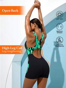 Swim Nautrix 一件式女士渐变蓝绿色露背镂空连体泳衣，运动线条 - 薄荷綠 - 查看 2