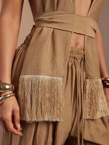 Hauture Women's Sexy Halter Neck Fringe Hem Detail Backless Top - Brown - View 6