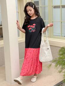 DAZY Tween Girl Floral & Letter Print Round Neck Short Sleeve Ruffle Hem Casual Dress - Black - View 5