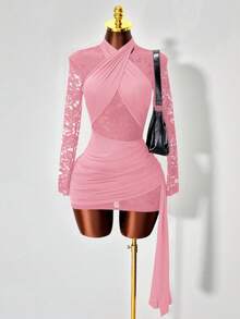 Mistrie Vestido elegante de mujer de unicolor con cruce envolvente, manga larga y parches de encaje - Rosa - Ver 4