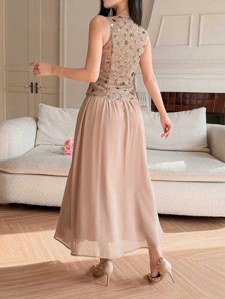 Tall Women's French Style V-Neck Sleeveless Vest And Mesh Skirt Set