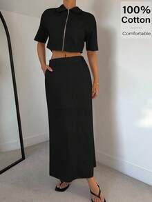 Siren Gaze 2pcs/Set Women Solid Color Short Sleeve Zip Up Cropped Top & Skirt Women Summer Clothing Women Summer Sets Woman S Summer Clothes Women Plus Clothing Business Casual Women Plus Clothing Formal Cotton 2 Pieces Set Women Two Pieces Skirt Set Women 2 Pieces Casual Set Women Zip Up 2 Pieces Set Shirt And Skirt Set Black - Black - View 3