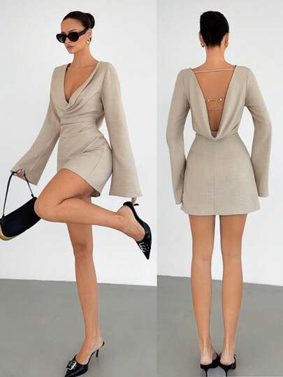 Siren Gaze Women's Solid Color Plunging Neckline Long Sleeve Backless Minimalist Chic Mini Dress Spring Summer Solid Beige Color Long Sleeve Fitted Plunging Neck Backless Sexy Mini Dress, Suitable For Party, Romantic Date, Gathering, Formal Event, Bridesmaid Dress, Night Out Low Back Dress Women's Solid Color Backless Sexy Asymmetric Shoulder Long Dress Women's Black Elegant Fashion Regular Shoulder Backless Strappy Mini Dress Summer Dress Fashionable Batwing Sleeve Open Back Bodycon Mini Dress For Women Figure Flattering Short Backless Dress Elegant Solid Color Regular Shoulder Dress For Autumn/Winter Sexy Backless Tie-Up Mini Black Dress, Suitable For Back To School, Teacher Outfit, Valentine's Day, Beach Vacation,
