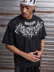 AXEPEAK Men's Letter Print Round Neck Casual Loose T-Shirt - Black - View 5