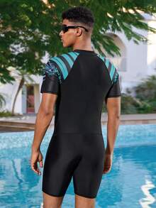 Manfinity Swimmode 男士沙滩度假印花拉链连体泳衣 - 黑色 - 查看 3