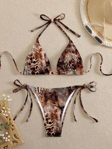 Swim Vcay Women's Leopard Print Halter Twist Front Bikini Set - Multicolor - View 1