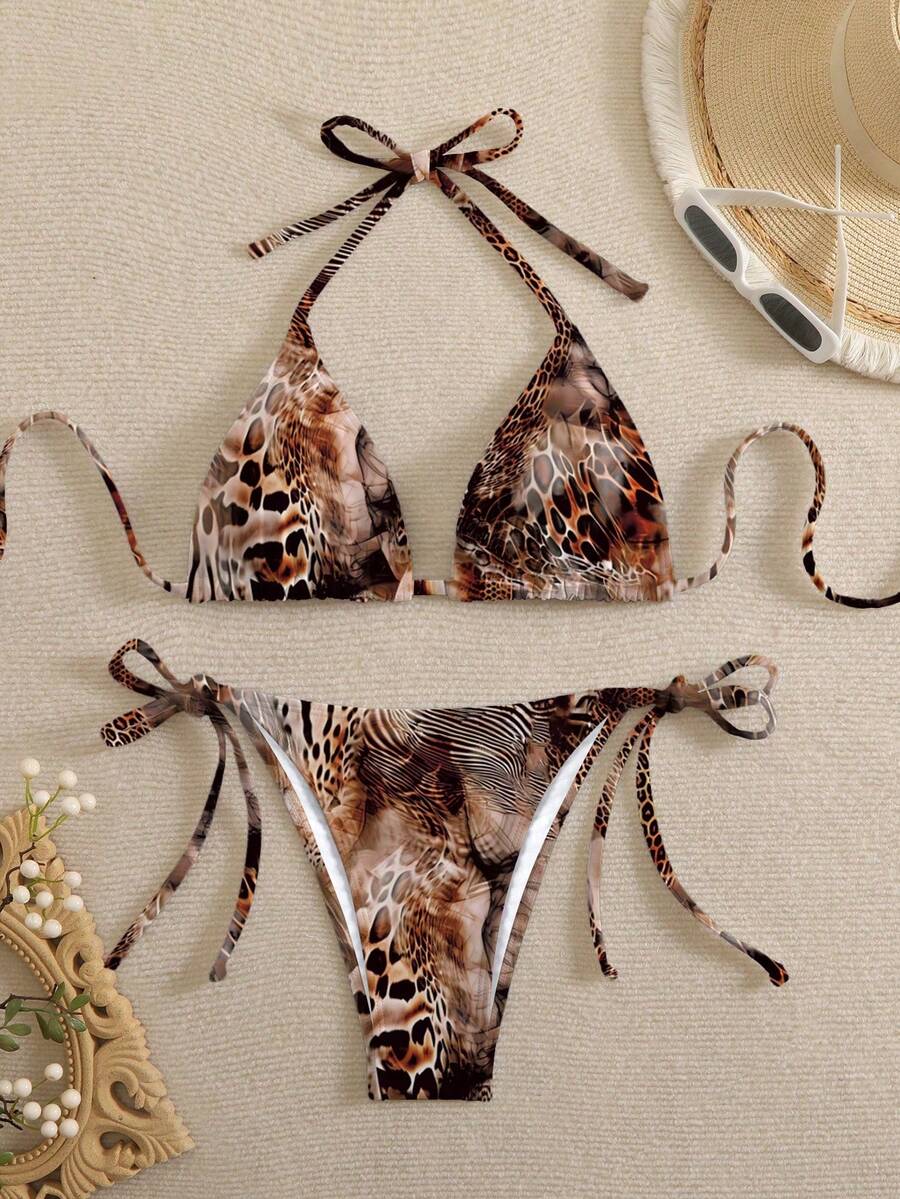 Swim Vcay Women's Leopard Print Halter Twist Front Bikini Set - Multicolor - View 1