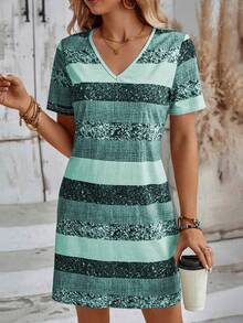 EMERY ROSE Women's Casual Daily Contrast Color V-Neck Short Sleeve Dress, Summer - Multicolor - View 6