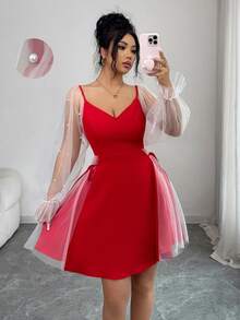 Rafferiza Women's V-Neck Lantern Sleeve Beaded Mesh Patchwork Cinched Waist Elegant Mini Dress - Red - View 1