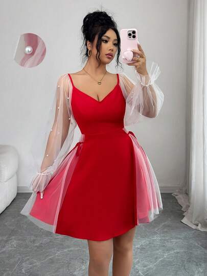 Rafferiza Women's V-Neck Lantern Sleeve Beaded Mesh Patchwork Cinched Waist Elegant Mini Dress