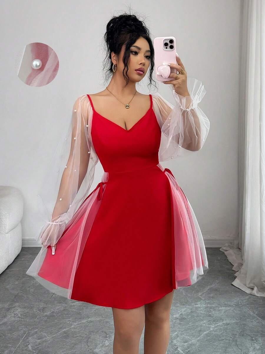 Rafferiza Women's V-Neck Lantern Sleeve Beaded Mesh Patchwork Cinched Waist Elegant Mini Dress - Red - View 1