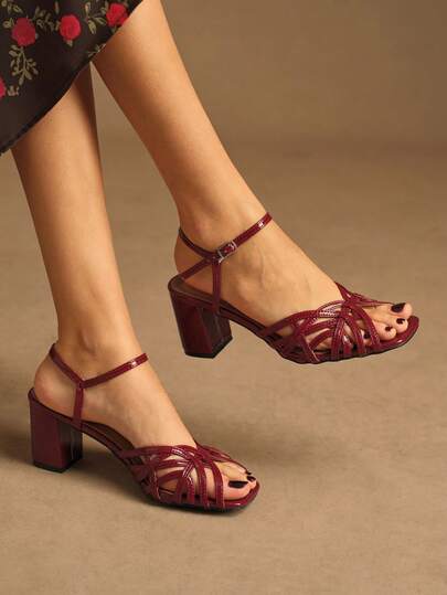 Rosivie Women's Square Toe Thick Heel PU Leather Criss-Cross Strap Design Fashionable Comfortable Daily Party Backless Solid Color Sandals Valentine's Day