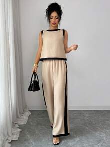 Elenzga Bộ đồ 2 mảnh thắt nơ phối màu thanh lịch mới dành cho nữ mùa Xuân/Hè 2026 - Màu Khaki - Xem 6