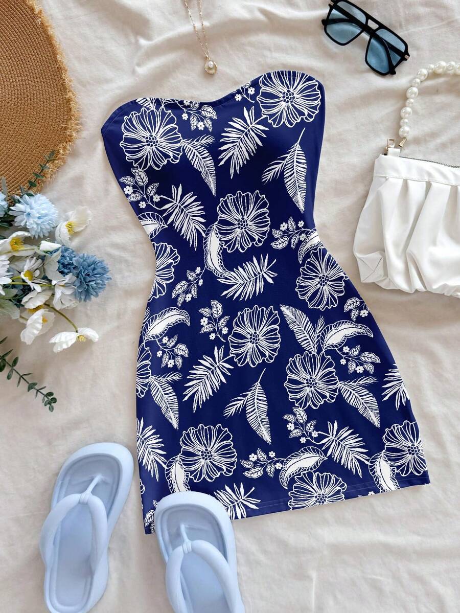 Soleia 女士夏季印花抹胸迷你连衣裙，度假必备 - 藍色 - 查看 1
