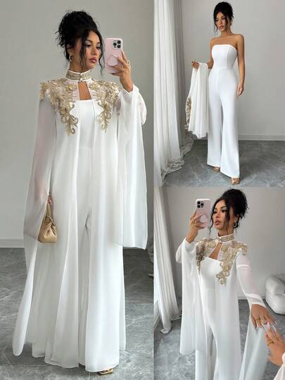 Elenzga Women's Gold Lace Trim Jumpsuit 2 Pieces Set