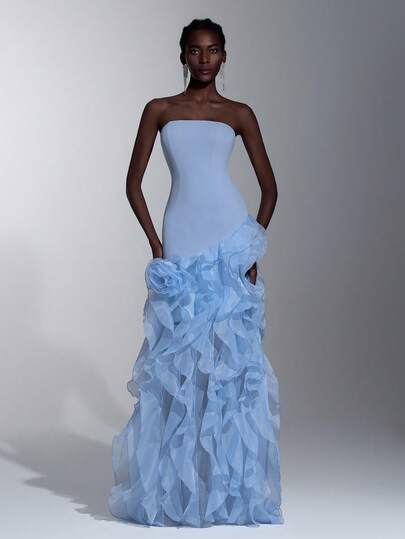 Elitara Elegant, Romantic, Fashionable Blue Elastic Fabric Organza Strapless Dress With Exaggerated Ruffle Hem, Elegant Party Dress, Wedding Guest Dress, Blue Dress, Fashionable And Elegant Bridesmaid Dress, Formal Evening Gown