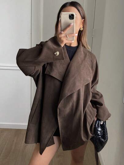 DAZY 1 件女士纯色宽松长袖口袋系带风衣女式夹克，秋季女装