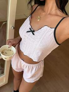 Lowkey Lull Women's Summer Schiffy Contrast Lettuce Trim Cropped Camisole And Shorts Pajama Set - Dusty Pink - View 3