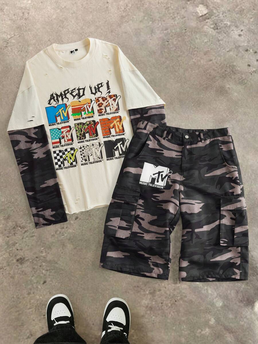 MTV | SHEIN Men's Contrast Camo Letter Graphic Crew Neck Long Sleeve Top And Shorts Set - Khaki - View 1