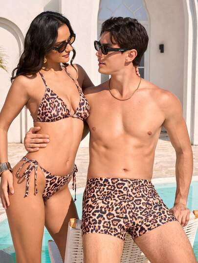 Manfinity VDAYZ Men's Leopard Print Fashion Swim Trunks, Suitable For Summer Beach