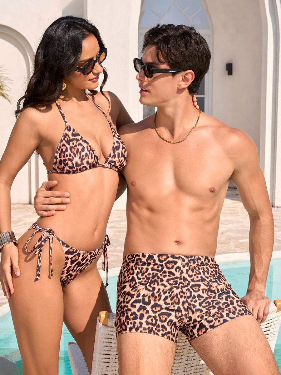 Manfinity VDAYZ Bañador de hombre con estampado de leopardo, adecuado para la playa en verano - Albaricoque - Ver 1