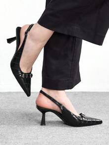 CUCCOO BIZCHIC 女士黑色纹理通勤休闲简约纯色露跟细高跟鞋 - 黑色 - 查看 3