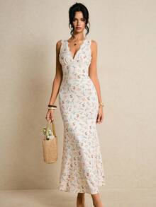 Poéselle 女士碎花撞色蕾丝V领无袖修身鱼尾优雅连衣裙 - 彩色 - 查看 9