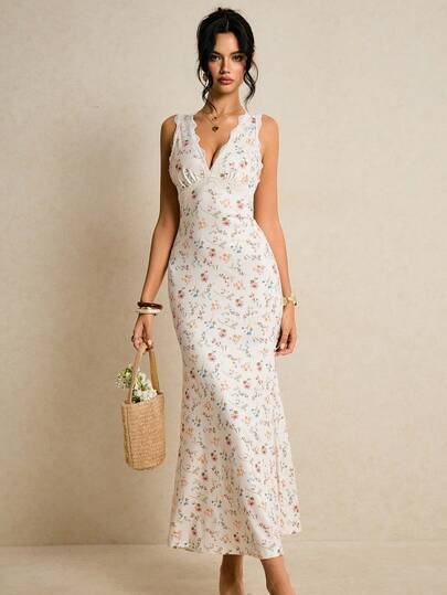 Poéselle Women's Ditsy Floral Contrast Lace V-Neck Sleeveless Fitted Mermaid Hem Elegant Dress,Floral  Dress ,Valentines Day Dress,Casual Dresses For Woman, Elegant Dresses For Women, Casual Dresses For Women,Sun Dress ,Beach Dress, Vacation Outfits Women,Summer Dress,Summer Outfits For Women,Suitable For Daily, Office, And Vacation Wear,Spring/Summer