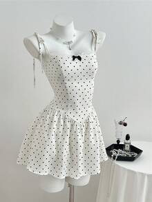 Elamini Y2K Cute Waist Cinched Polka Dot Print Mini Dress - Black and White - View 1