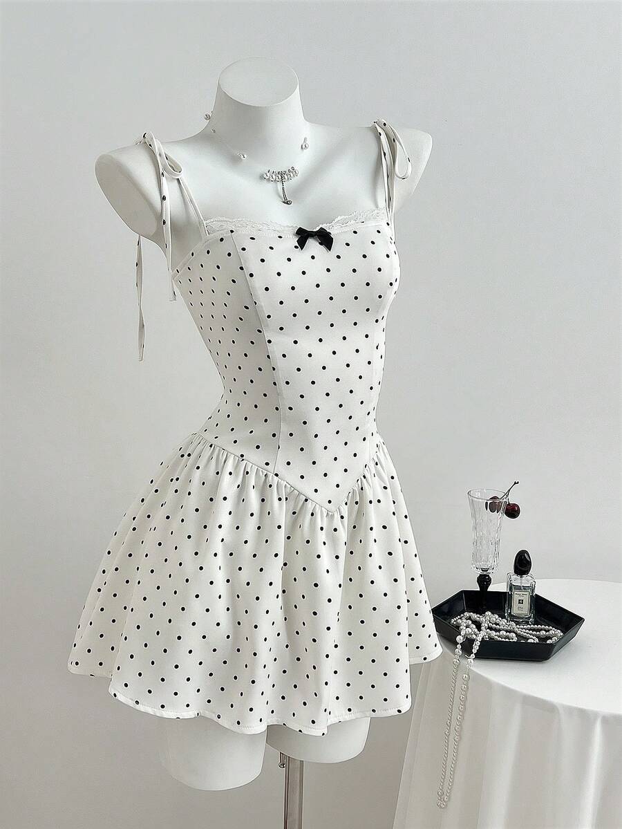 Elamini Y2K Cute Waist Cinched Polka Dot Print Mini Dress - Black and White - View 1