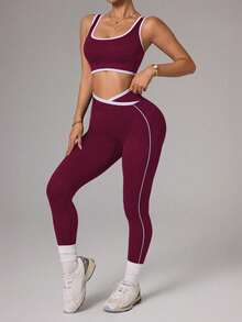 Slayform Bộ đồ thể thao nữ không đường may, co giãn cao gồm áo croptop và quần legging. - Màu Đỏ Sâu - Xem 4