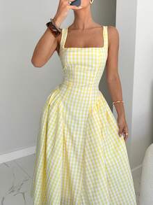 Siren Gaze 优雅女士黄色格子图案长连衣裙，方领交叉露背设计；女士格子方领中长连衣裙；黄色格子束腰露背长连衣裙；黄色吊带连衣裙；女士黄色夏季连衣裙；女士吊带连衣裙；长款野餐连衣裙；柠檬黄连衣裙 - 淡黃色 - 查看 7