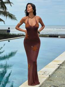 Swim Chiccia Women's Floral Backless Halter Neck Tie Dress, Elegant Vacation Coverup - Coffee Brown - View 1