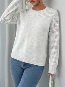 SHEIN Casual Solid Color Crew Neck Sweater, Autumn/Winter - White - View 5