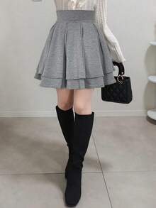 FRIFUL 女士黑色纯色高腰褶裥短款休闲百搭修身迷你裙，秋冬款 - 灰色 - 查看 7