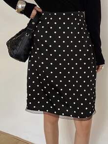 DAZY Women's Mesh Patchwork Polka Dot Print Straight Skirt - Black - View 2